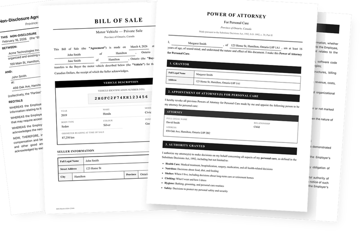 Sample legal documents — Bill of Sale, NDA, and Power of Attorney